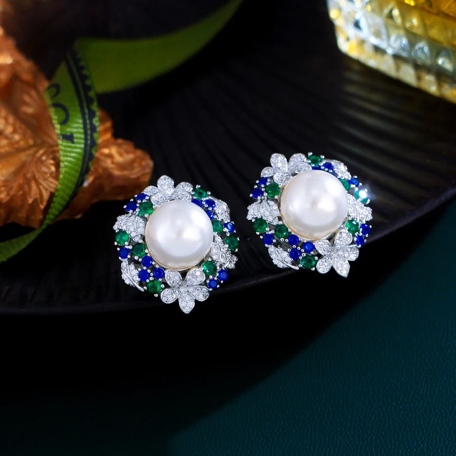 ThreeGraces Delicate Shiny Green Blue Zirconia Big Simulated Pearl Bridal Wedding Stud Earrings for Women Party Jewelry E2025