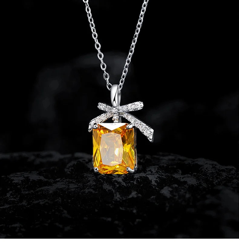 Yellow CZ Pendant Necklace for Women Silver Tone Bow Charm Crystal Necklaces Elegant Fashion Jewelry Gift new hot