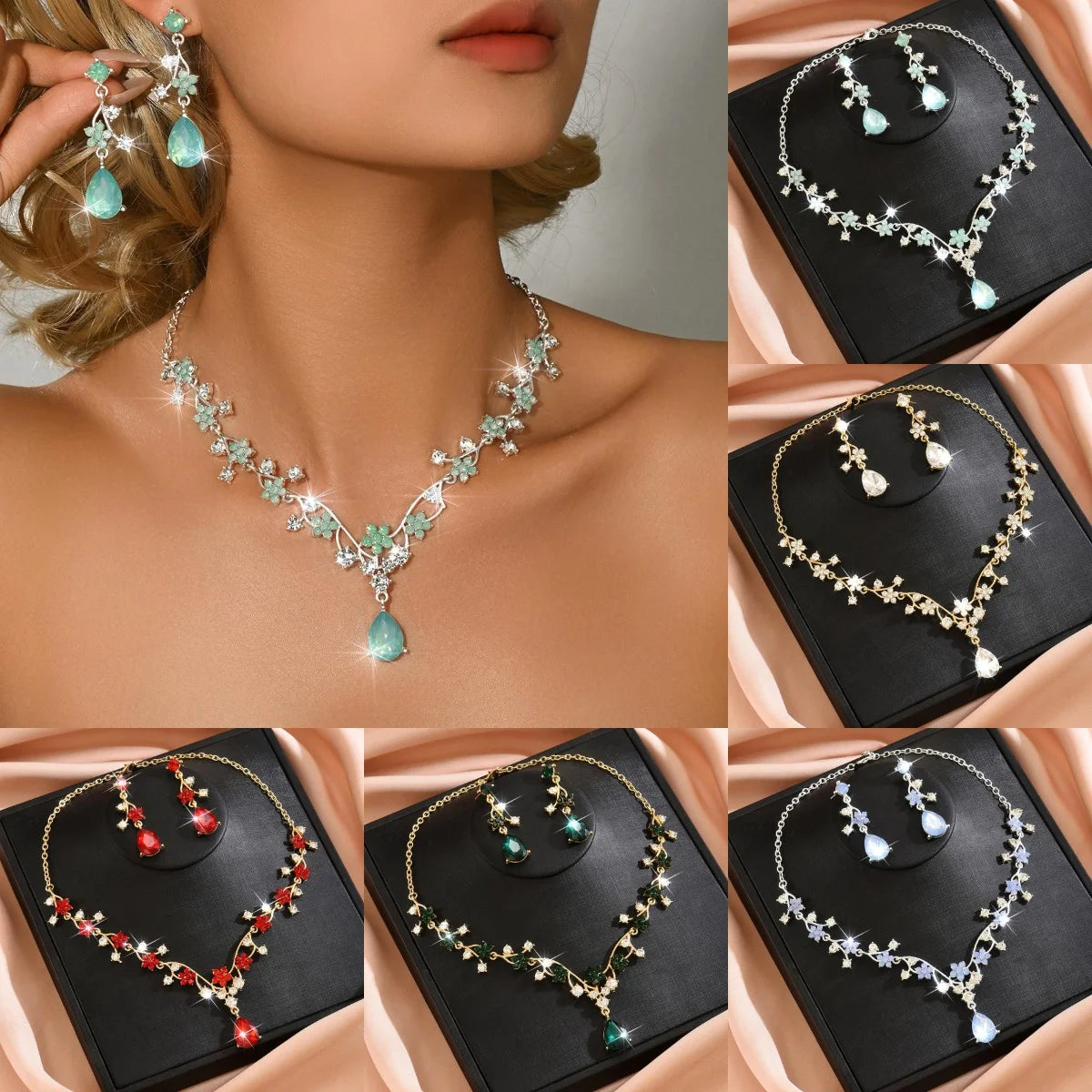 Light Luxury Diamond Inlaid Zircon Necklace Earrings Angel Tears Jewelry Two-Piece Set Wedding Accessories