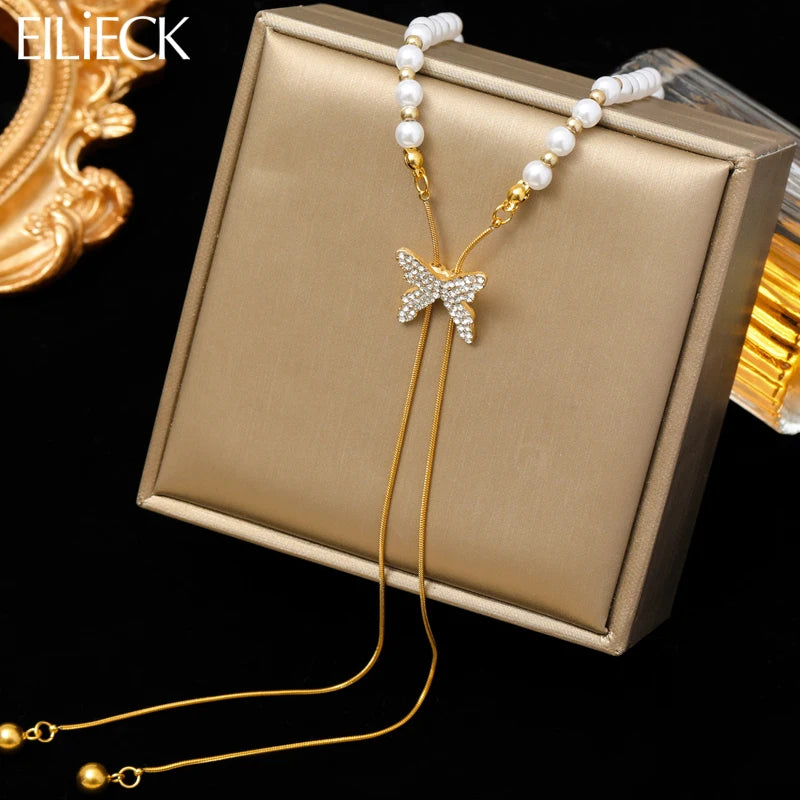 EILIECK 316L Stainless Steel Butterfly Pearl Long Pendant Necklace For Women Fashion Choker Clavicle Chain Waterpro Jewelry Gift