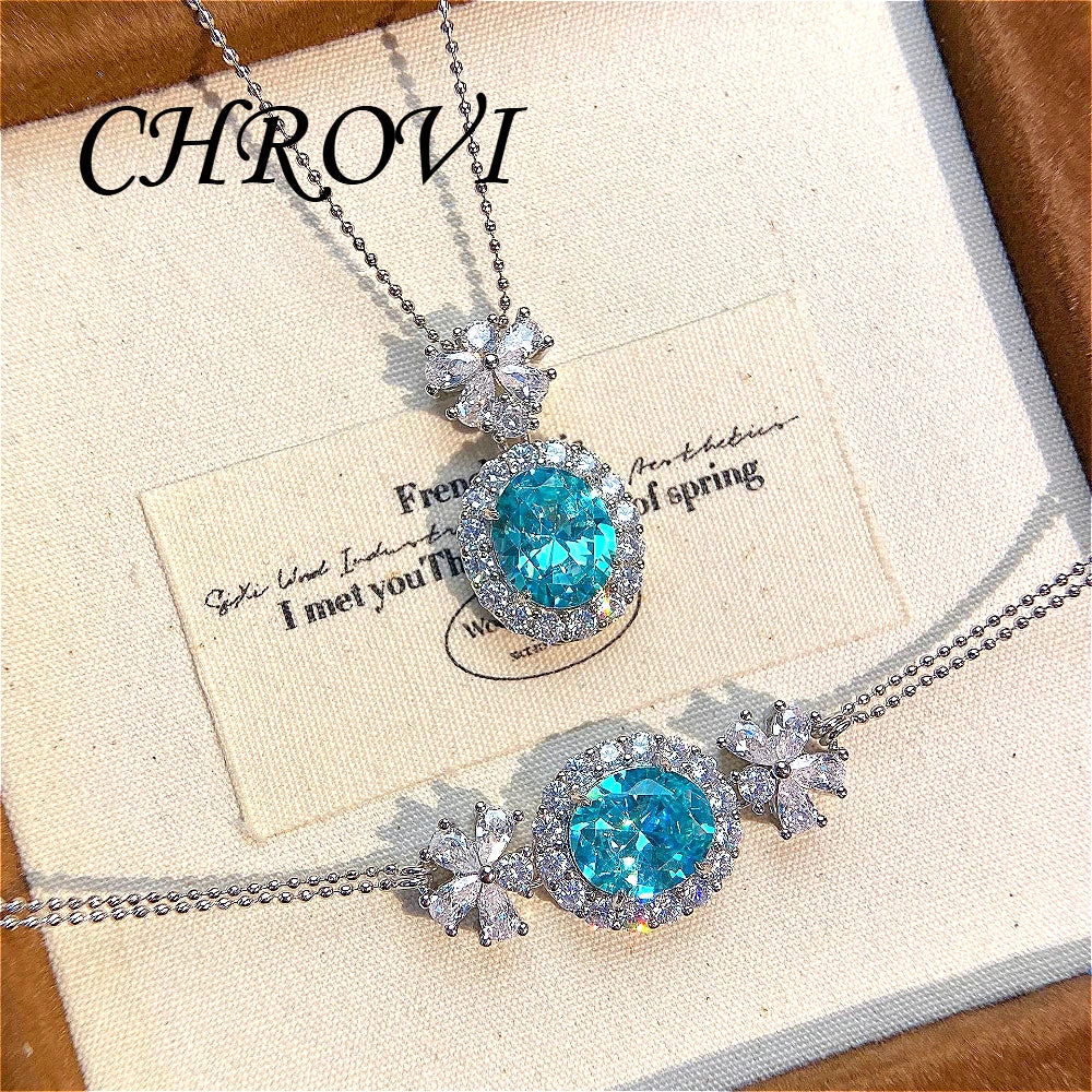 Aromatherapy 925 sterling silver romantic Paraiba diamond pendant necklace with full-cut oval zircon bracelet set
