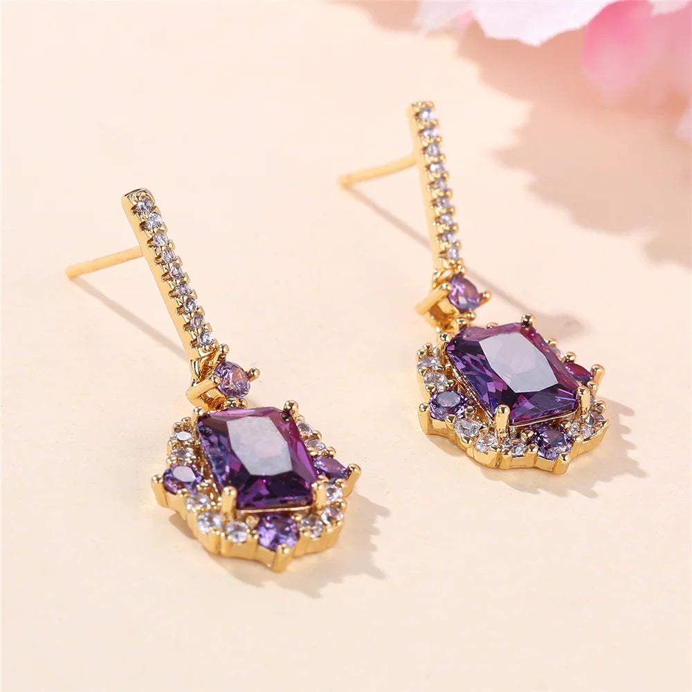 Luxury Female Purple Red Square Zircon Stone Drop Dangle Earrings Unique Gold Color Evening Jewelry For Women