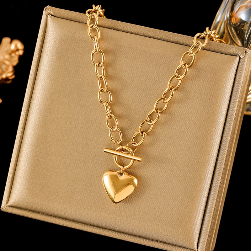 EILIECK 316L Stainless Steel Gold Silver Color Heart Pendant Necklace For Women Trendy Waterproof Chain Jewelry Holiday Gift