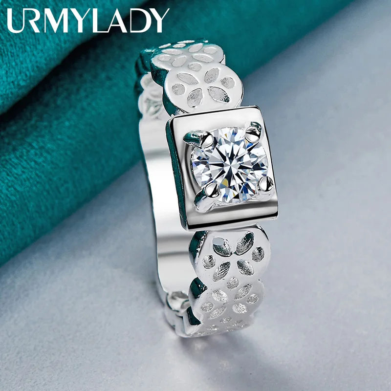 URMYLADY 925 Sterling Silver Square Zircon Hollow 6-10# Ring For Women Wedding Engagement Fashion Charm Jewelry