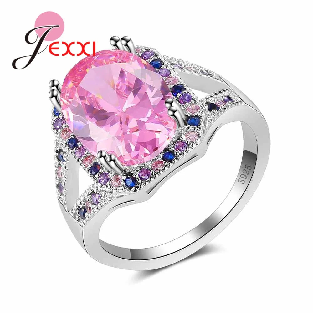 Trendy Colorful Zircon With Big Light Pink Crystal Paved AAA CZ Stones Wedding 925 Sterling Silver Color Rings For Women Part