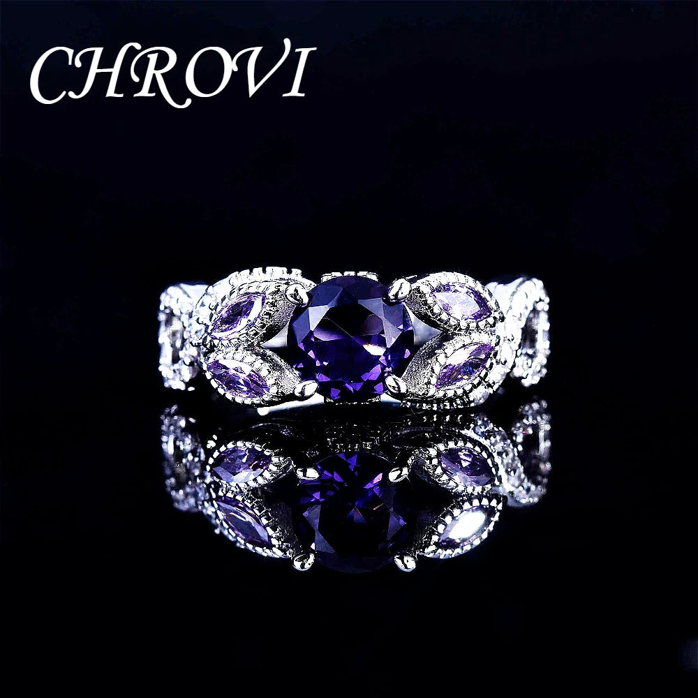 Luxury-Style 925 Sterling Silver New Model Set with Purple Crystal Ring - Full Diamond Engagement Ring for Women