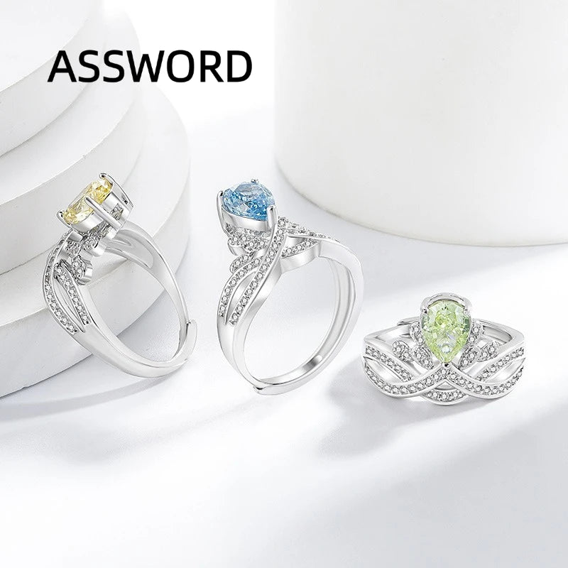925 Sterling Silver Crown Teardrop Ice Flower Cut Cubic Zirconia Ring Twisted Split Shank Wedding Jewelry Gift for Women
