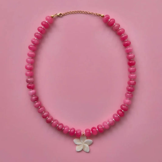 Pink Natural Stone Beads Choker Necklace with Flower Shell Pendant for Women Handmade Beaded Necklace Bohemia Jewelry Gifts