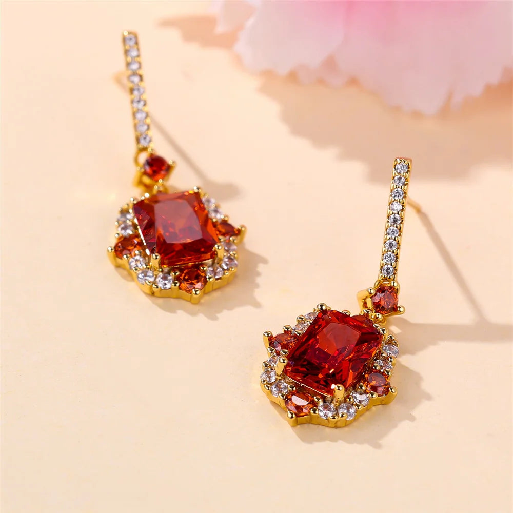 Luxury Female Purple Red Square Zircon Stone Drop Dangle Earrings Unique Gold Color Evening Jewelry For Women