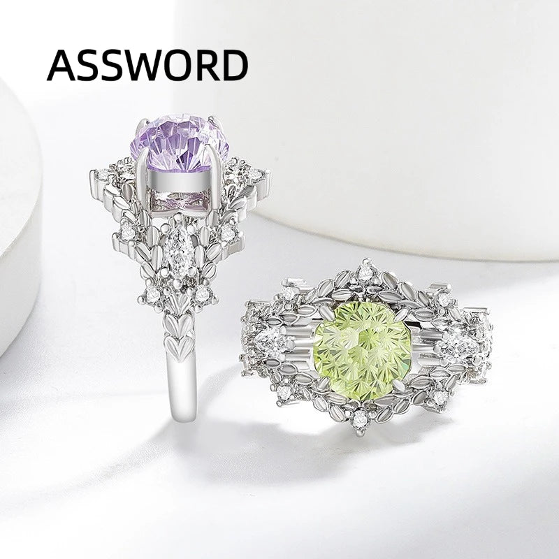 925 Sterling Silver Vintage Leaf Flower Ring Round Ice Flower Cut Cubic Zirconia Wedding Band Luxury Fine Jewelry Gift for Women