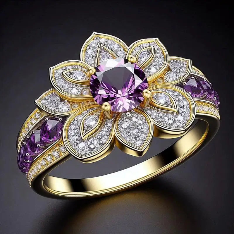 Huitan Gorgeous Flower Shaped Women Ring Inlaid Brilliant Purple Cubic Zirconia Fashion Wedding Party Luxury Accessories Jewelry