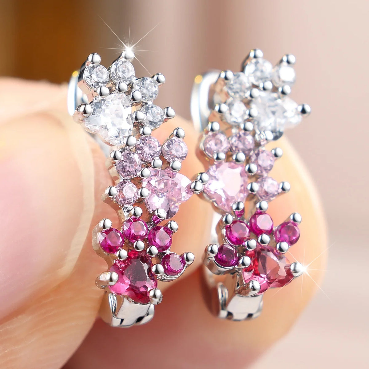 Small Waterdorp Footprint White Pink Zircon Stone Fashion Hoop Earrings Charm Cute Female Silver Color Wedding Jewelry For Women