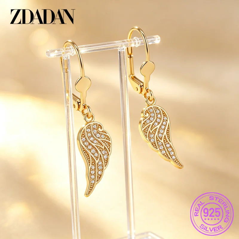 ZDADAN 925 Sterling Silver 18K Gold Angel Wings Zircon Long Drop Earrings For Women Party Jewelry
