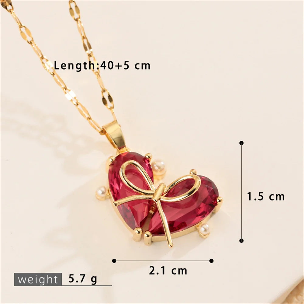Cute Small Heart Love Bow Charm Female Pink Purple Zircon Fashion Pendant Necklace Gold Color Wedding Jewelry For Luxury Women