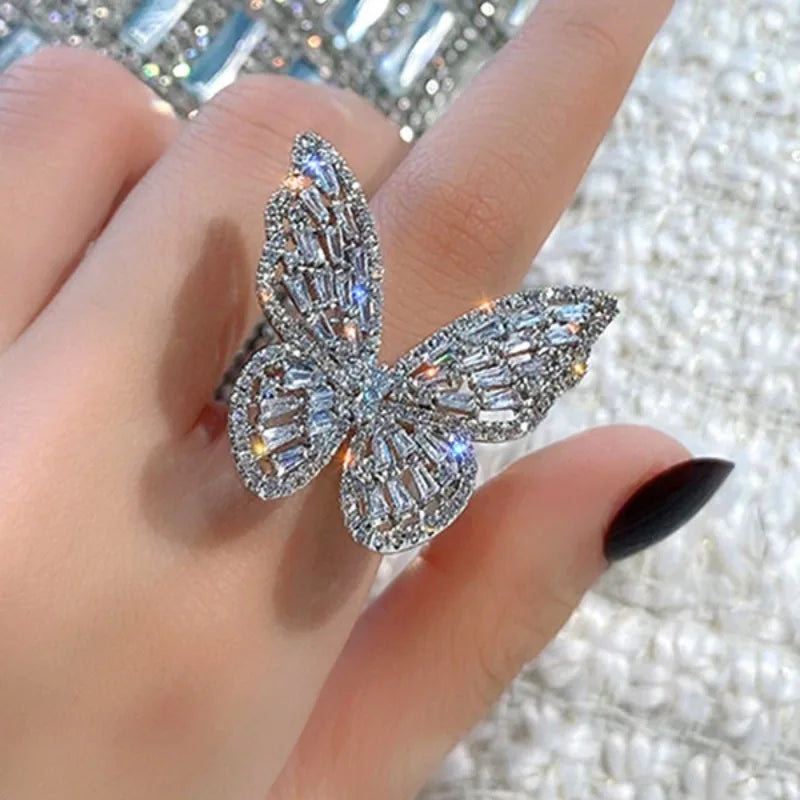 Butterfly Opening Ring Luxury Shiny Full Zircon Rings Women Fashion Engagement Bridal Wedding Finger Ring Female Jewelry