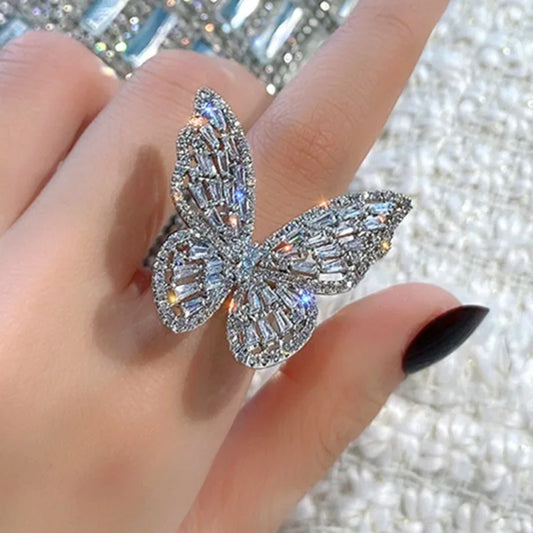 Butterfly Opening Ring Luxury Shiny Full Zircon Rings Women Fashion Engagement Bridal Wedding Finger Ring Female Jewelry