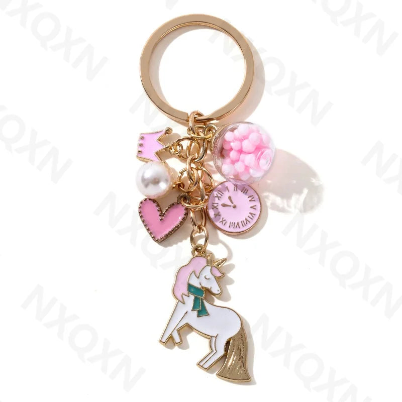 Lovely Pink Heart Clock Crown Unicorn Preal Enamel Keychain Cute Animals Love Key Ring For Women Girl Handmade Friendship Gift