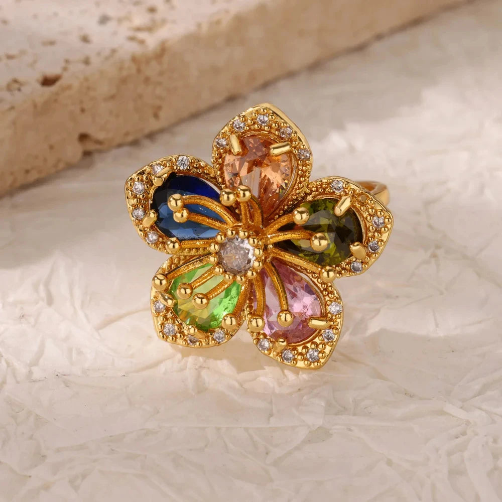 Stainless Steel Rings Gold Plated Colorful Stone Zircon Crystal Luxury Flower Ring For Women Wedding Jewelry Christmas Gift New