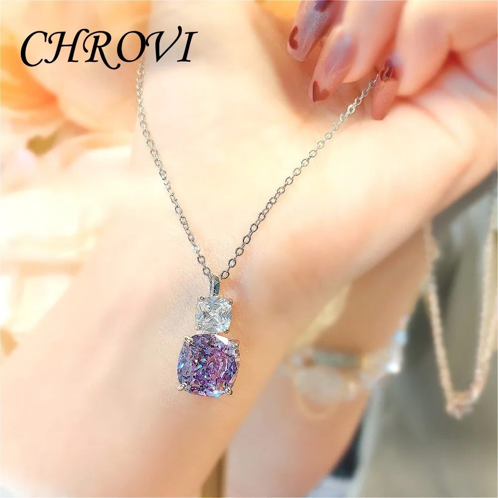 Fashion 925 Sterling Silver Pink Diamond Necklace with Purple Pendant, Stud Earrings, Ring, and Coloured Gemstone Set for Women