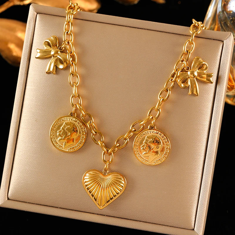 EILIECK 316L Stainless Steel Metal Gold Color Sun Moon Pendant Necklace Lady New Trendy Neck Chain Waterproof Jewelry Party Gift