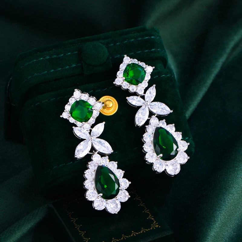 ThreeGraces Luxury Shiny Green Water Drop Zirconia Long Big Dangle Earrings for Women Bridal Wedding Party Jewelry E1748
