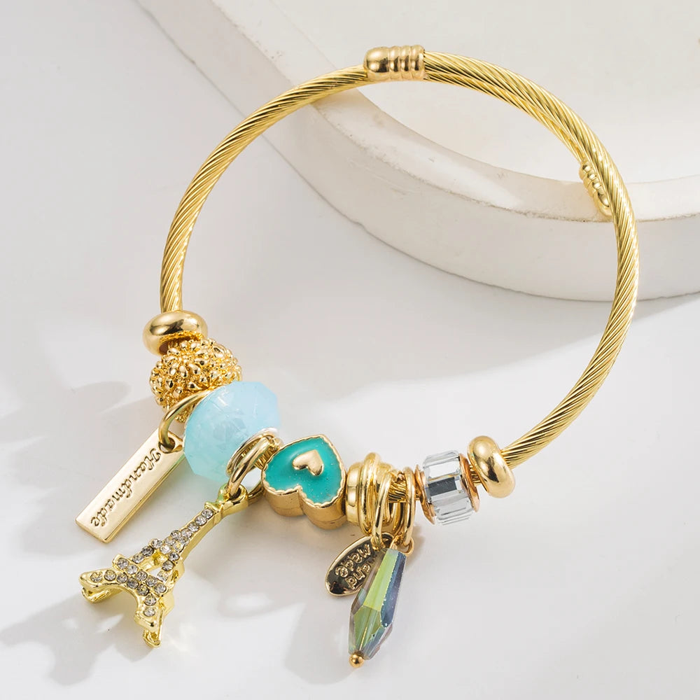 European And American New Personalized Creative Life Tree Tower Pendant Bracelet Alloy Inlaid Diamond Adjustable Stainless Steel