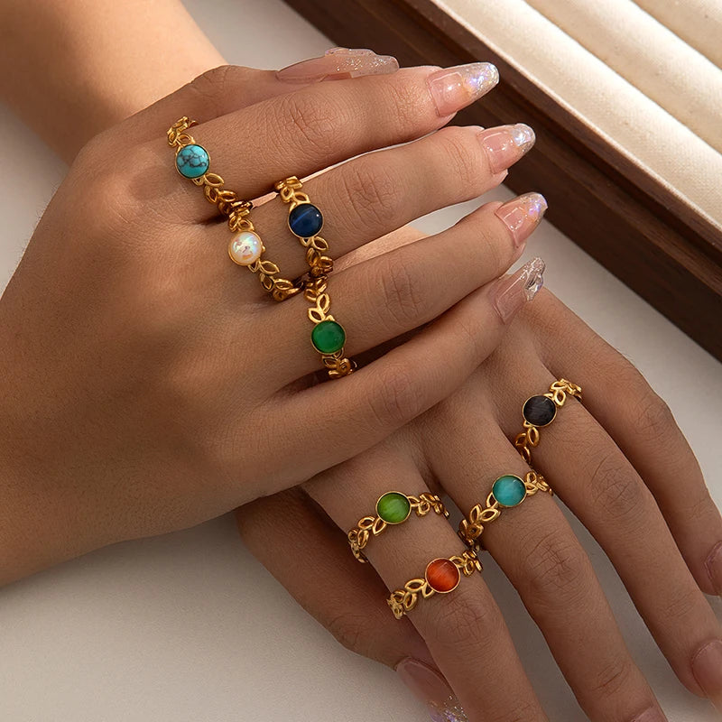 ANENJERY 316L Stainless Steel Hollow Leaf Colorful Stone Open Ring for Women Men Simple Jewelry Gifts Daily Wholesale