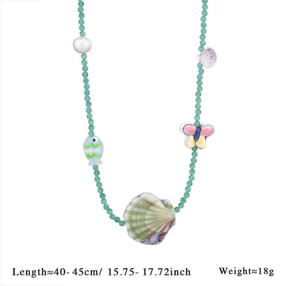 Handmade Weave Multi Colored Rice Beads Dolphin Neckalce Women Color Texture Shell Scallop Oysters Summer Beach Charm Jewelry