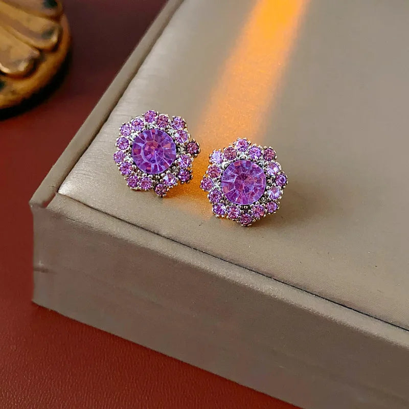 Vintage Amethyst Round Flower Cluster Necklace Bracelet Earring Jewelry Set Antique Silver Luxury Women Bridal Wedding Jewelry N