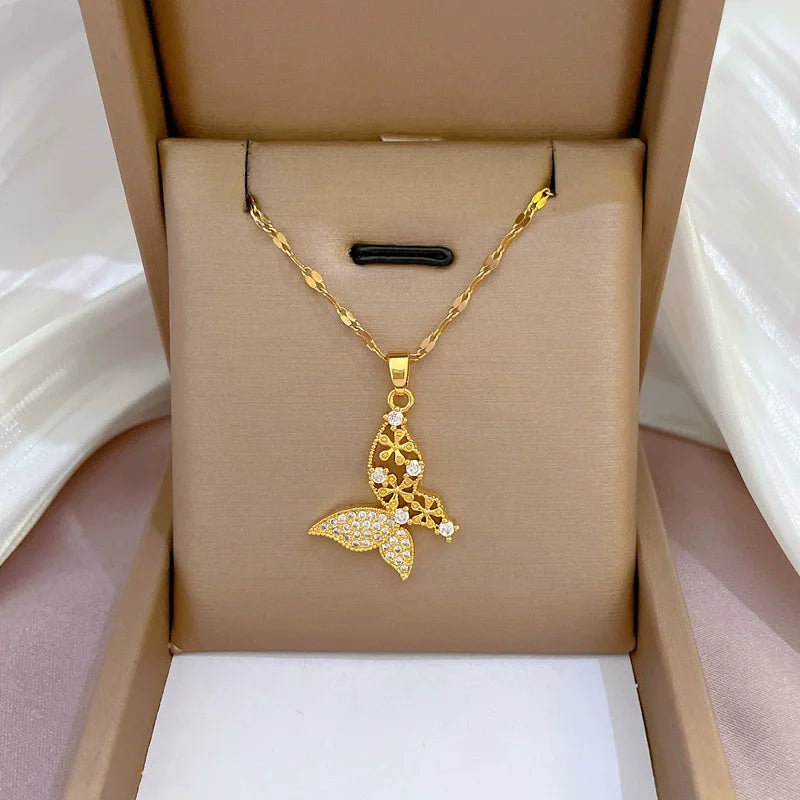 EILIECK 316L Stainless Steel Shine Cubic Zircon Butterfly Pendant Necklace for Girl Gold Color Waterproof Chic Jewelry Party