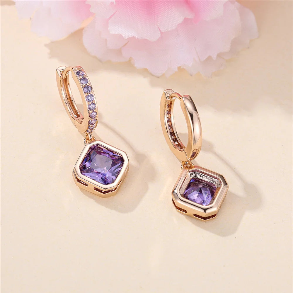 Dainty Female Purple Square Round Zircon Stone Hoop Earrings Cute Gold Color Girlfriend Gifts Wedding Jewelry For Women