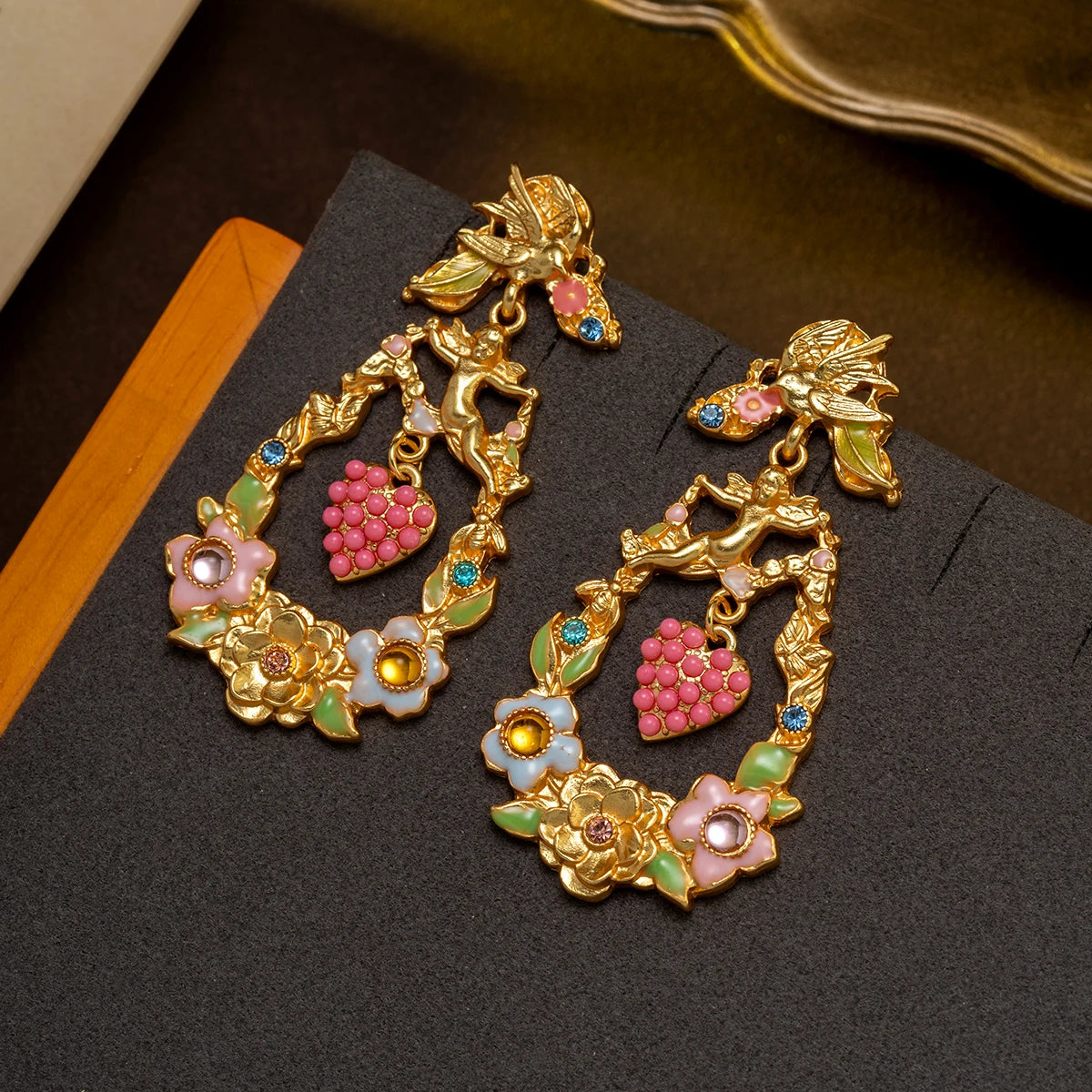 Vintage Baroque Angel Flower Earrings with Enamel and Antique Gold Heart Pendant, French Court Style Niche Earrings for Women