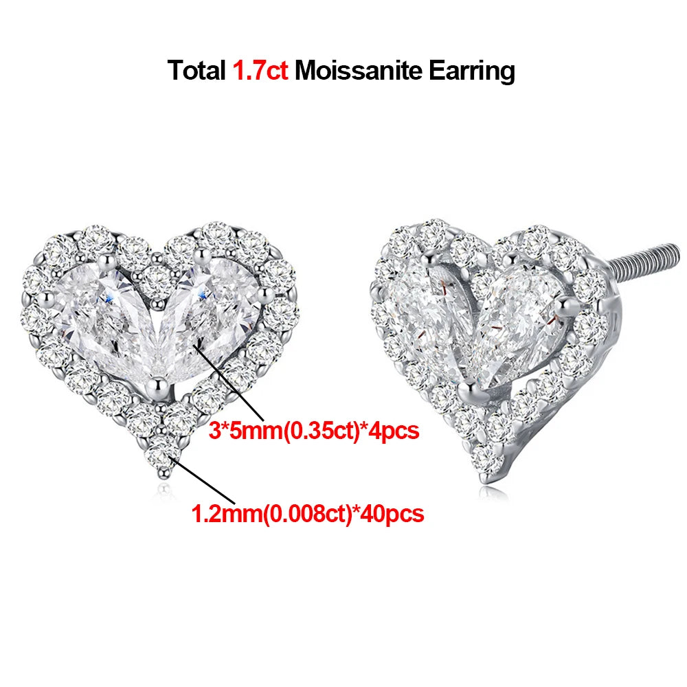 Heart Shape All Moissanite Stud Earrings for Women Round Pear Cut Lab Diamond 100% S925 Silver Screw Back Wedding Jewelry Gifts