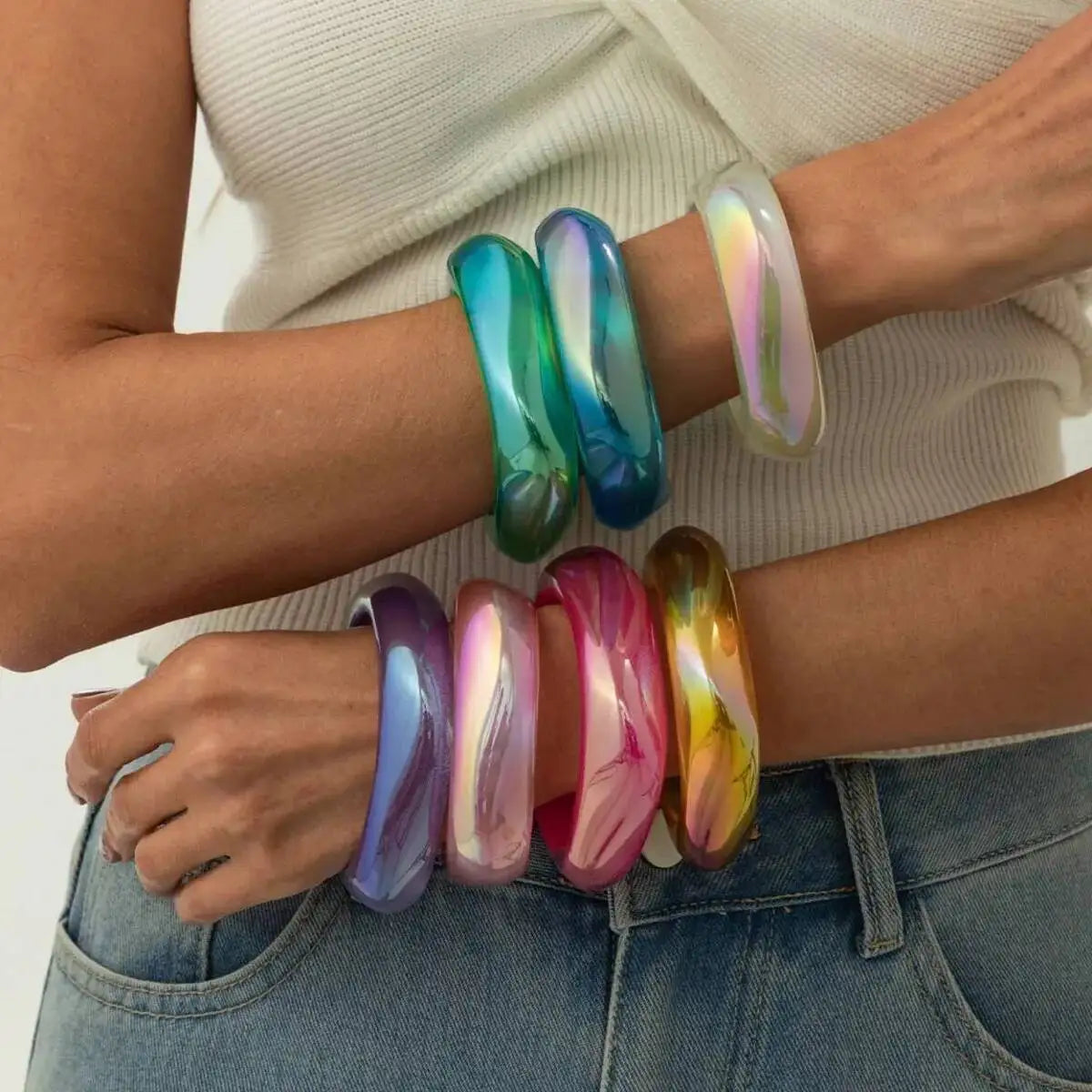 Lacteo 7 Styles Punk Hip Hop Colorful Transparent Resin Bangles Bracelets Women Creative Boho Chunky Bangles Aesthetics Jewelry