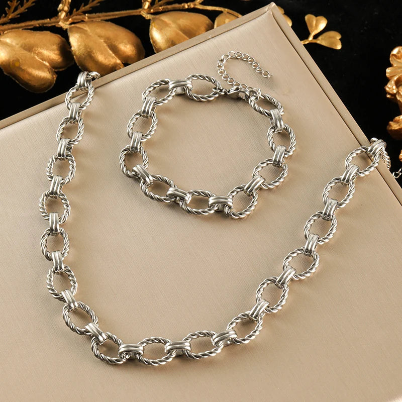 EILIECK 316L Stainless Steel Metal Gold Color Oval Link Chain Necklace Bracelet Set For Women Fashion Punk Waterproof Jewelry