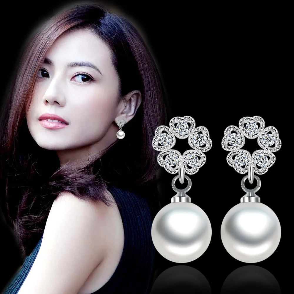 Small Love Heart Luxury Female White Pearl Zircon Stone Stud Earrings Silver Color Wedding Jewelry For Women