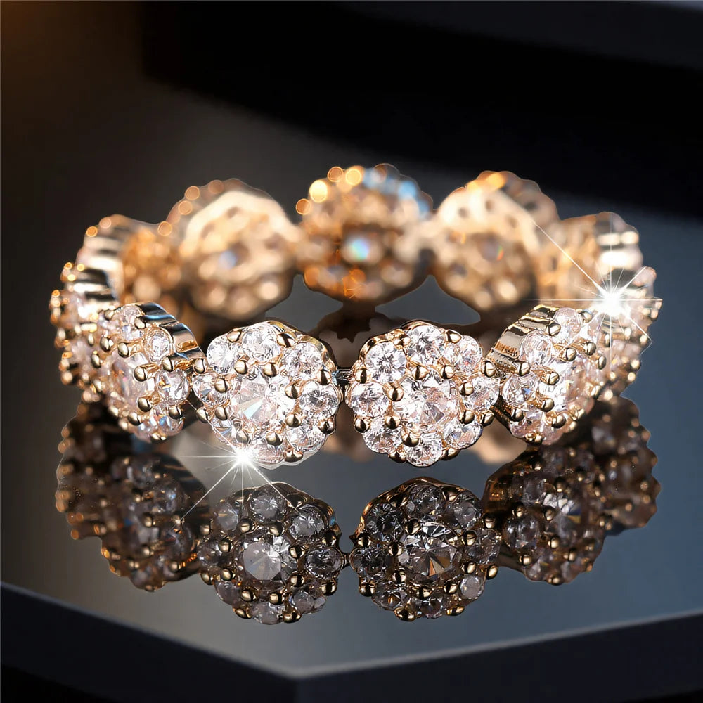 Cute Female White Zircon Stone Flower Ring Gold Color Engagement Charm Wedding Jewelry For Women