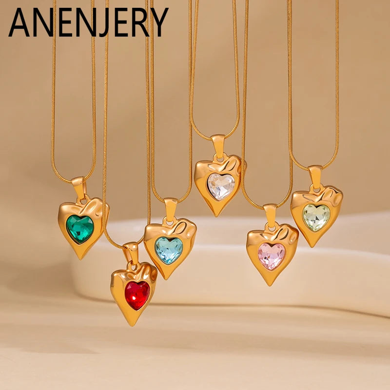 ANENJERY 316L Stainless Steel Irregular Geometry Heart Pendant Necklace For Women Simple French Temperament Fashion Jewelry Gift