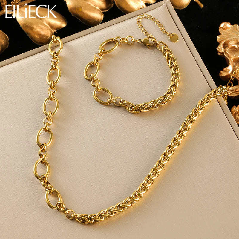 EILIECK 316L Stainless Steel Gold Color Asymmetric Chain Necklace Bracelet Set For Women Fashion Waterproof Jewelry Lady Gift