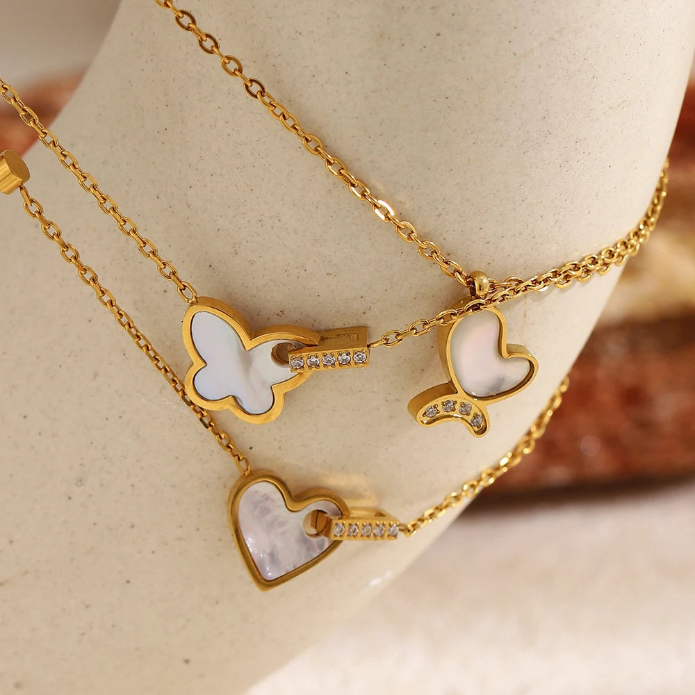 E.B.belle Heart Butterfly Pendant Chain Necklace 18K Gold Plated Stainless Steel Women's Necklaces Minimalist Chain Jewelry Gift