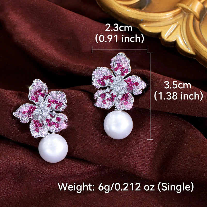 ThreeGraces Gorgeous Shiny Pink Zirconia Big Simulated Pearl Long Flower Dangle Earrings for Women Bridal Party Jewelry  E2005