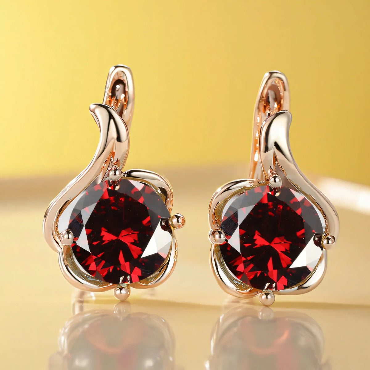 Female Crystal Round Red Green Purple Zircon Stone Flower Hoop Earrings Charm Rose Gold Color Wedding Jewelry Earrings For Women