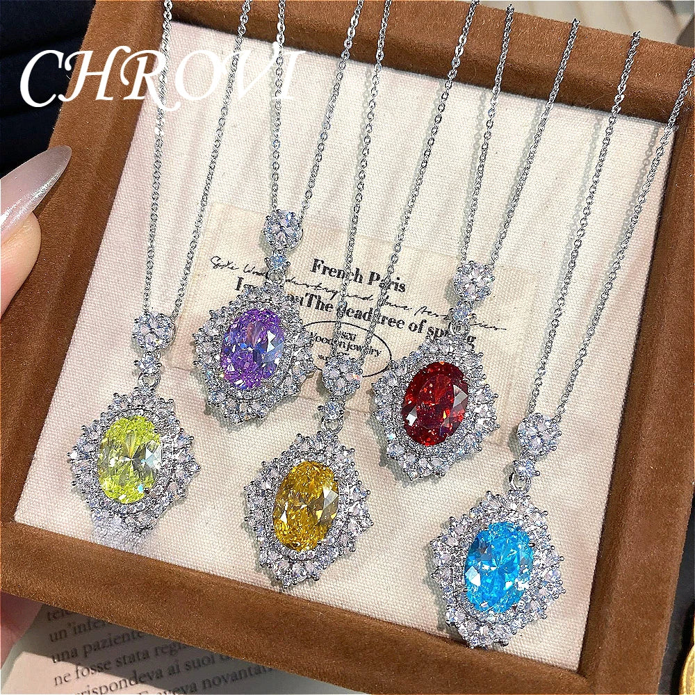 Luxury-Style 925 Sterling Silver Round Ice Flower Necklace for Women - High-Class Elegant Elliptical Full Diamond Collar Chain