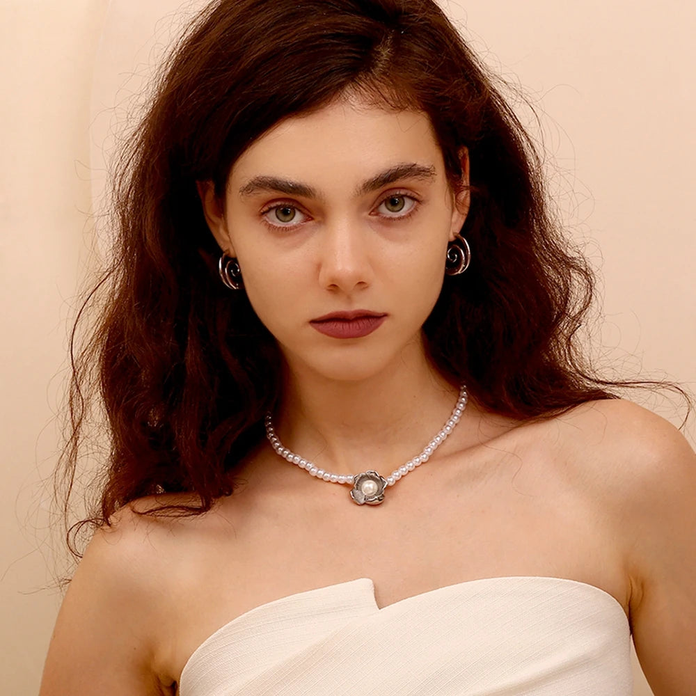 E.B.belle Imitation Pearl Flower Pendant Necklace Hypoallergenic 316L Stainless Steel Accessories 18K Gold Plated Gift
