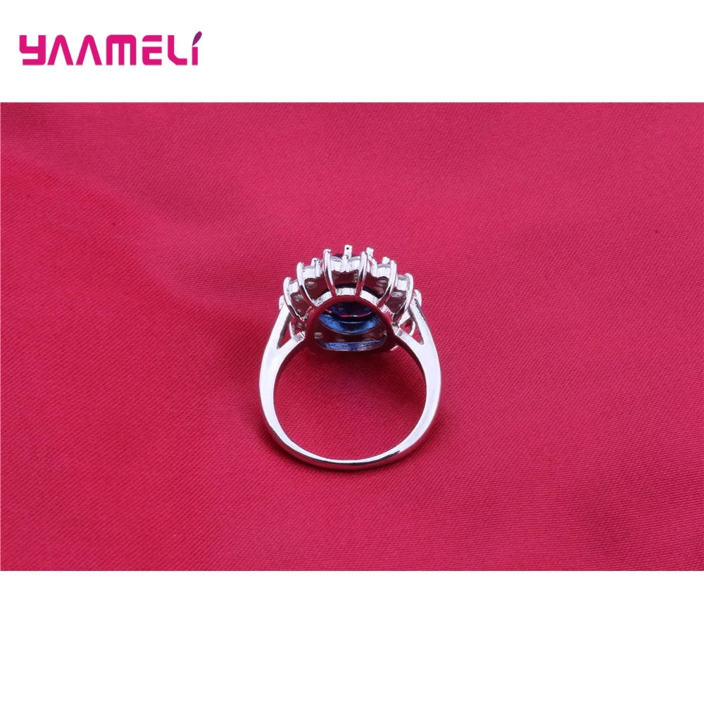 100% Authentic 925 Sterling Silver Color Women Wedding Engagement Jewelry Ring Classic Oval Flower Shiny Cubic Zircon Crystal