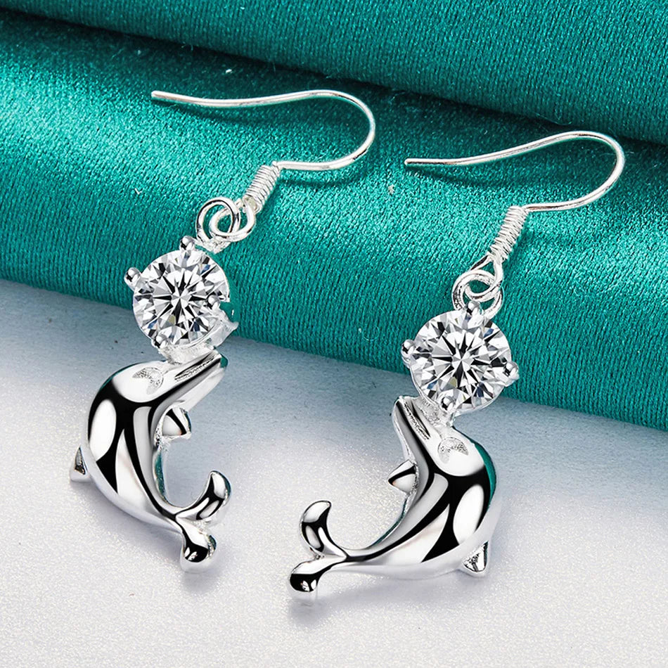 URMYLADY 925 Sterling Silver Dolphin Zircon Earrings Eardrop For Women Charm Wedding Fashion Engagement Jewelry