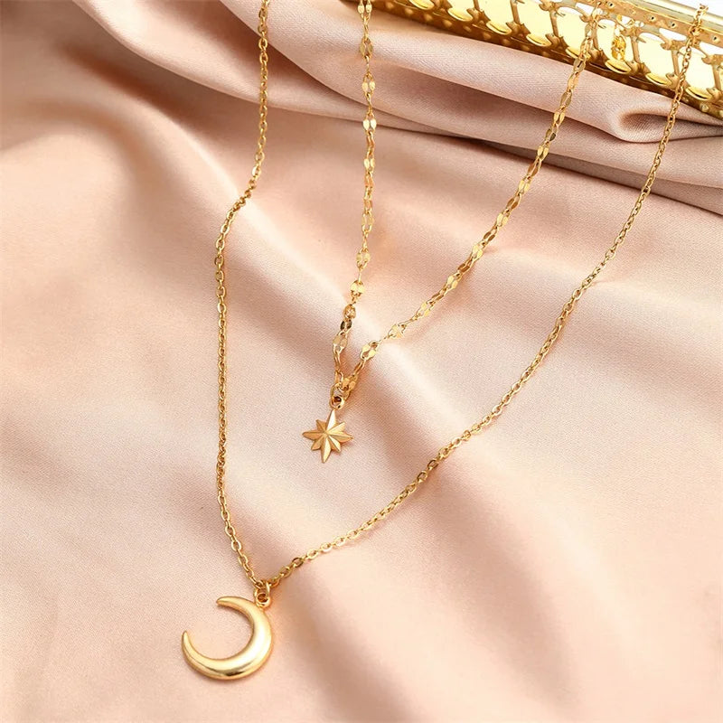 EILIECK Women's Retro Star Moon Pendant Necklace 18K Gold PVD Plated Stainless Steel Waterproof Layered Neck Chain Daily Jewelry