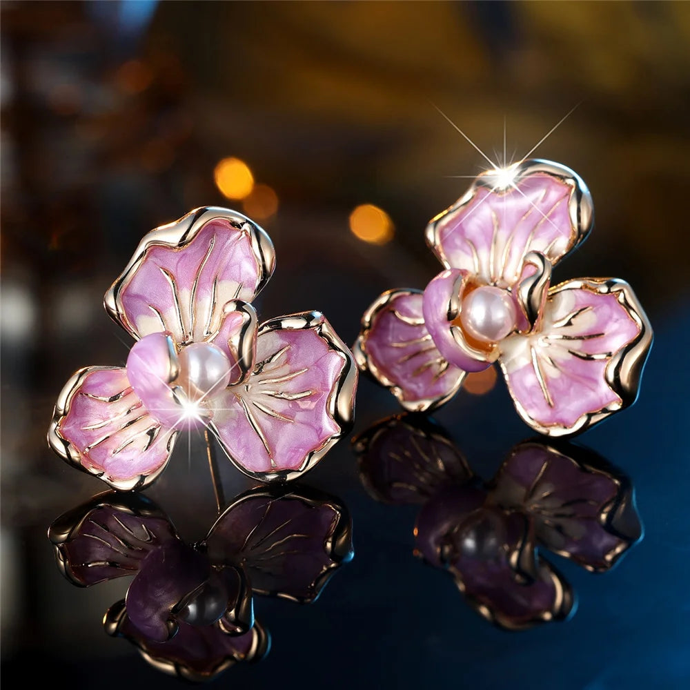 Cute Female White Pearl Purple Enamel Gold Color Flower Stud Earrings Lovely Bridal Wedding Jewelry For Women