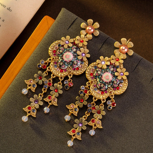 1 Pair of Vintage Retro Floral Colorful Rhinestone Imitation Pearl Inlaid Fashionable and Elegant Pendant Earrings Suitable for Women's Daily Wear and as a Gift