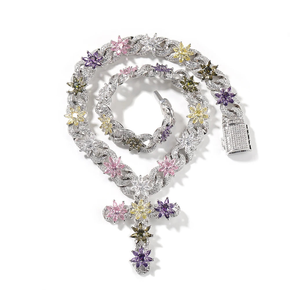 Colorful Flower Cross Charms Cuban Chain Full Pave Iced Out Baguette Cubic Zirconia HipHop Jewelry Unisex Gift For Men Women